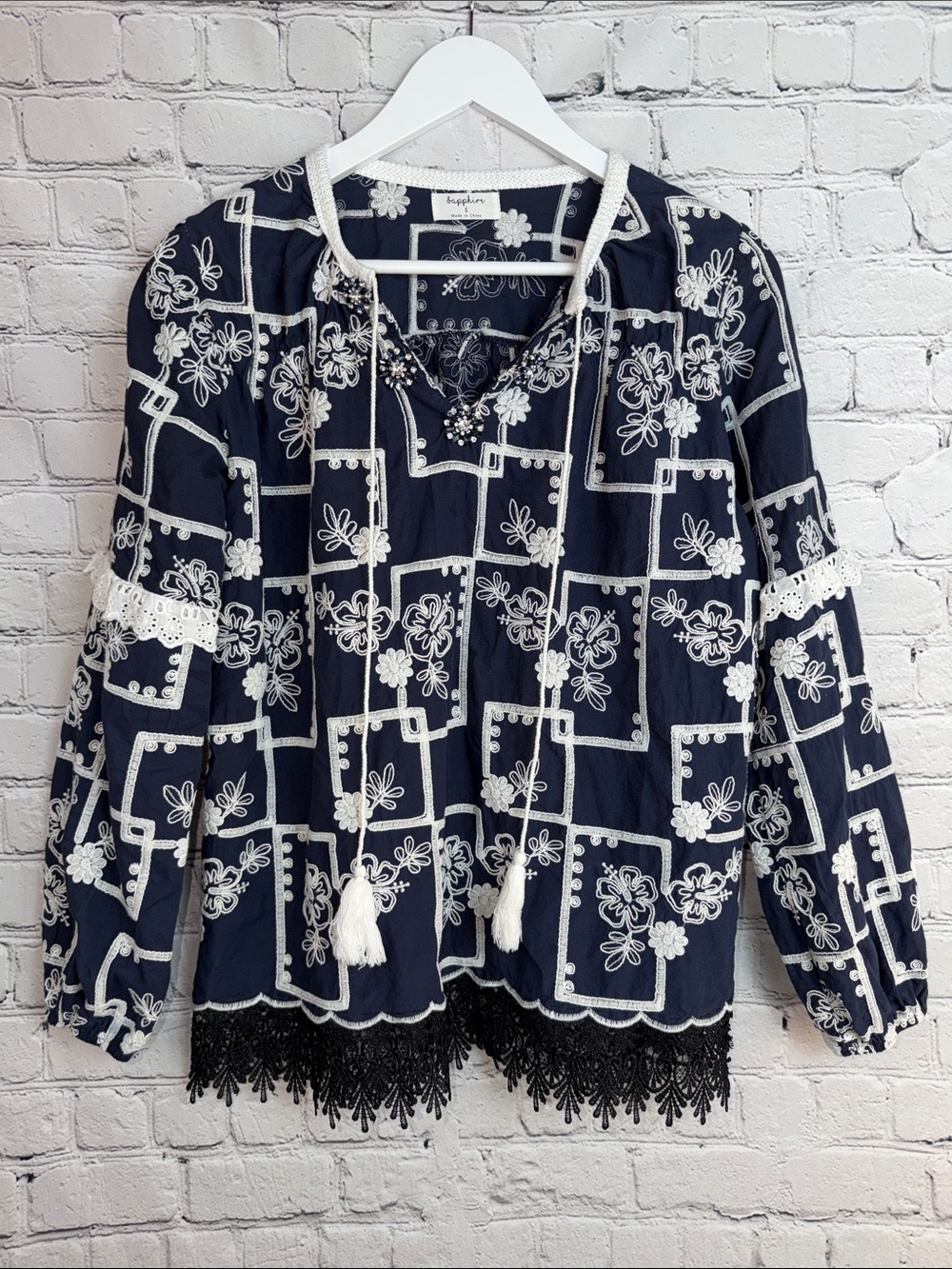 SAPPHIRE Navy Embroidered Peasant Tunic Jeweled Tassel Boho Top S